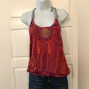 FREE PEOPLE Women's Boho Red-Pink Patterned Halter Tank Top w beaded detail Sz.M